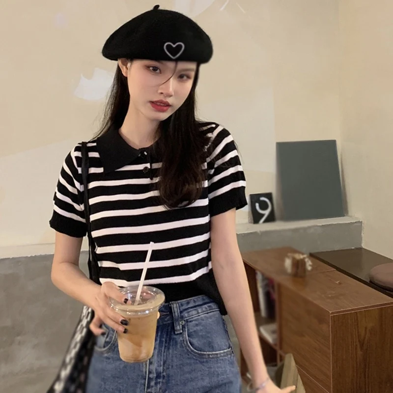 [US Warehouse] Women's Retro Striped Lapel Slim Fit Top Casual Short Sleeve Knitted Shirt