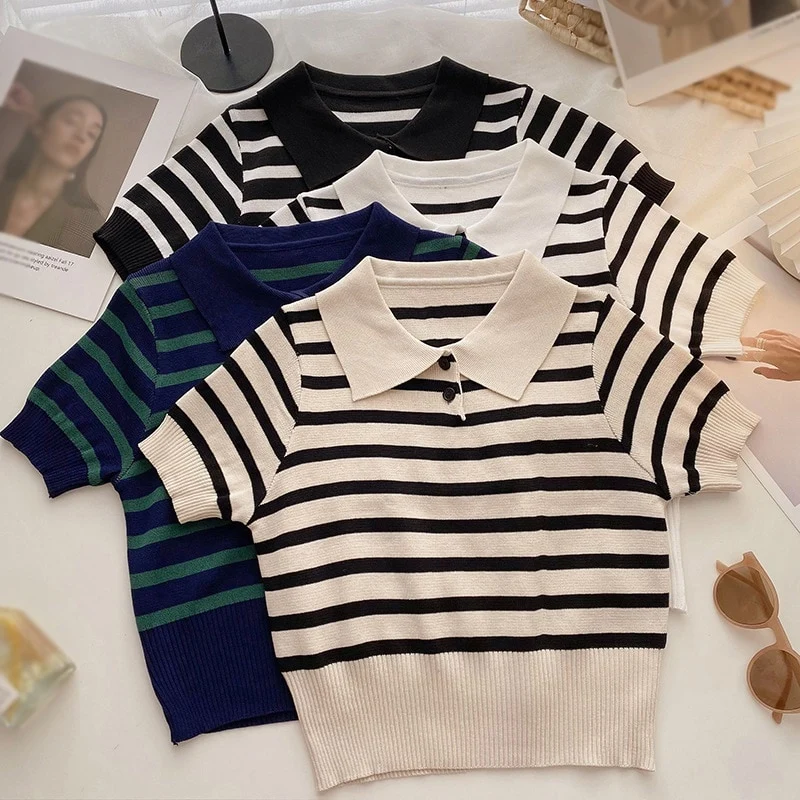 [US Warehouse] Women's Retro Striped Lapel Slim Fit Top Casual Short Sleeve Knitted Shirt