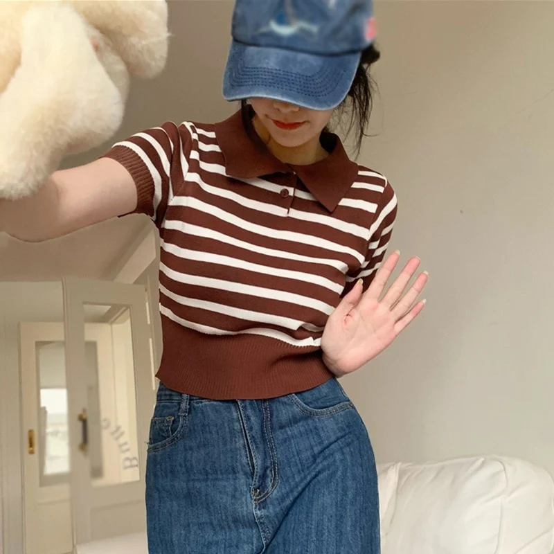 [US Warehouse] Women's Retro Striped Lapel Slim Fit Top Casual Short Sleeve Knitted Shirt