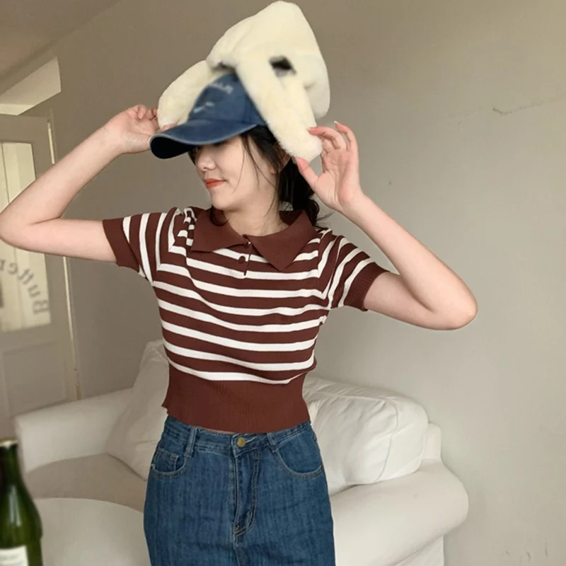 [US Warehouse] Women's Retro Striped Lapel Slim Fit Top Casual Short Sleeve Knitted Shirt