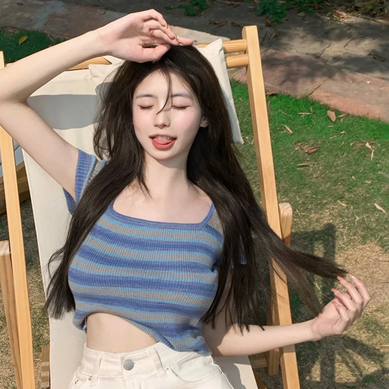 [US Warehouse] Summer women's striped short-sleeved T-shirt casual pullover slim crop top