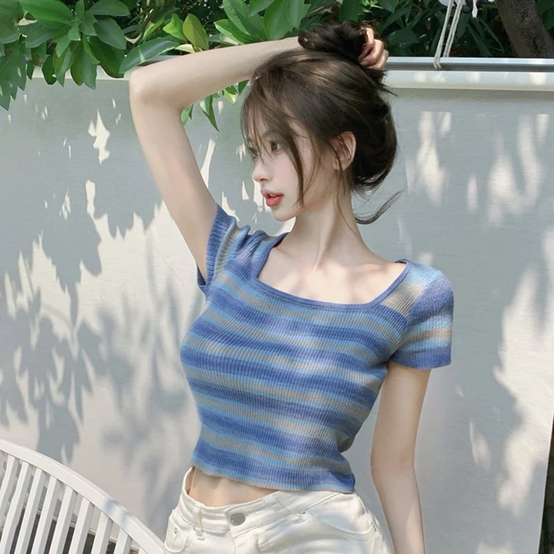 [US Warehouse] Summer women's striped short-sleeved T-shirt casual pullover slim crop top