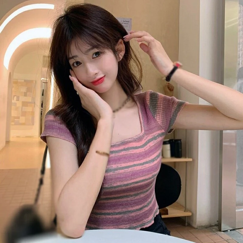 [US Warehouse] Summer women's striped short-sleeved T-shirt casual pullover slim crop top