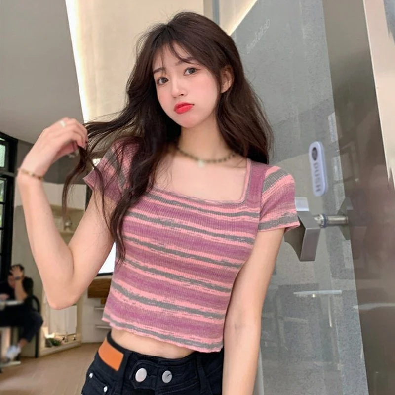 [US Warehouse] Summer women's striped short-sleeved T-shirt casual pullover slim crop top