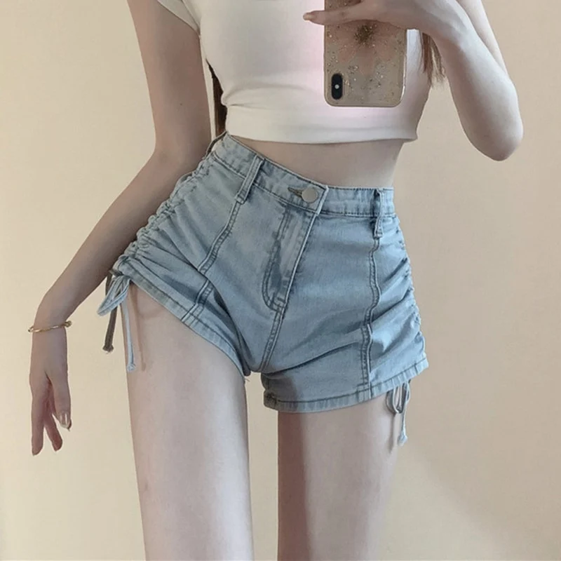 [US Warehouse] Tight-butt denim hot pants shorts, sexy high-waisted thin drawstring pure lust long-leg shorts