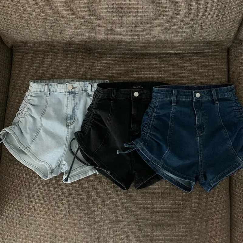 [US Warehouse] Tight-butt denim hot pants shorts, sexy high-waisted thin drawstring pure lust long-leg shorts