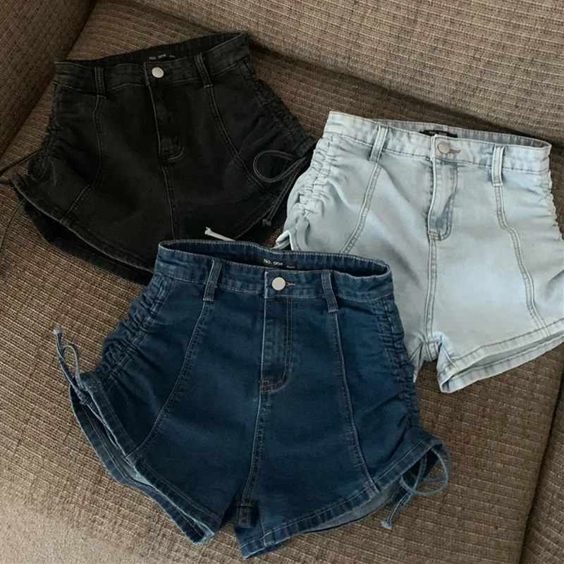 [US Warehouse] Tight-butt denim hot pants shorts, sexy high-waisted thin drawstring pure lust long-leg shorts