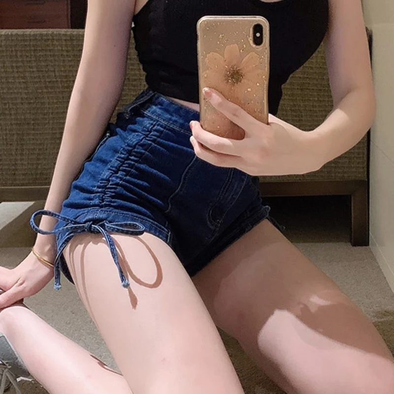 [US Warehouse] Tight-butt denim hot pants shorts, sexy high-waisted thin drawstring pure lust long-leg shorts
