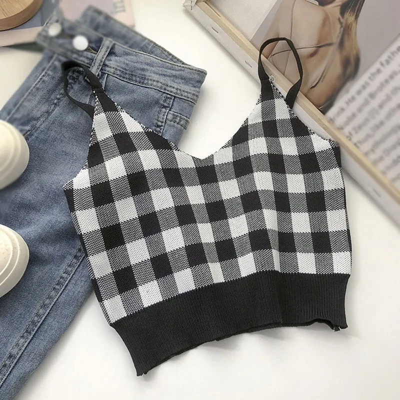 [US Warehouse] Plaid Cropped Top Women's Vest Knitted Sleeveless Camisole Bandeau Bra Sexy Women's Summer Vest
