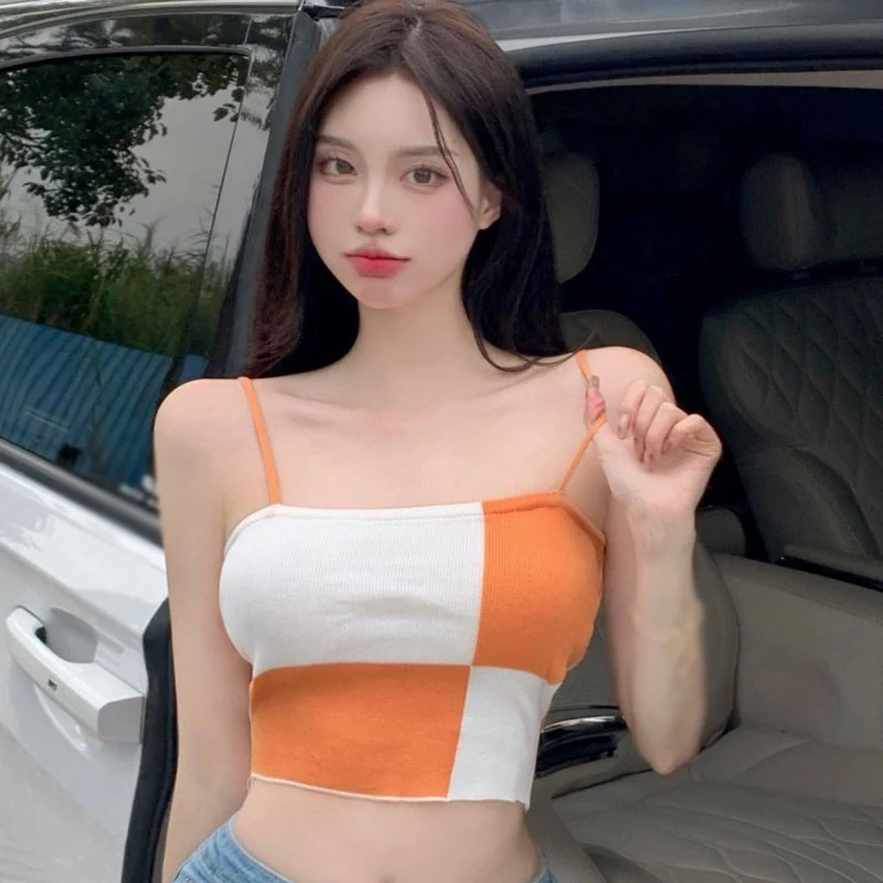 [US Warehouse] Plaid Cropped Top Women's Vest Knitted Sleeveless Camisole Bandeau Bra Sexy Women's Summer Vest