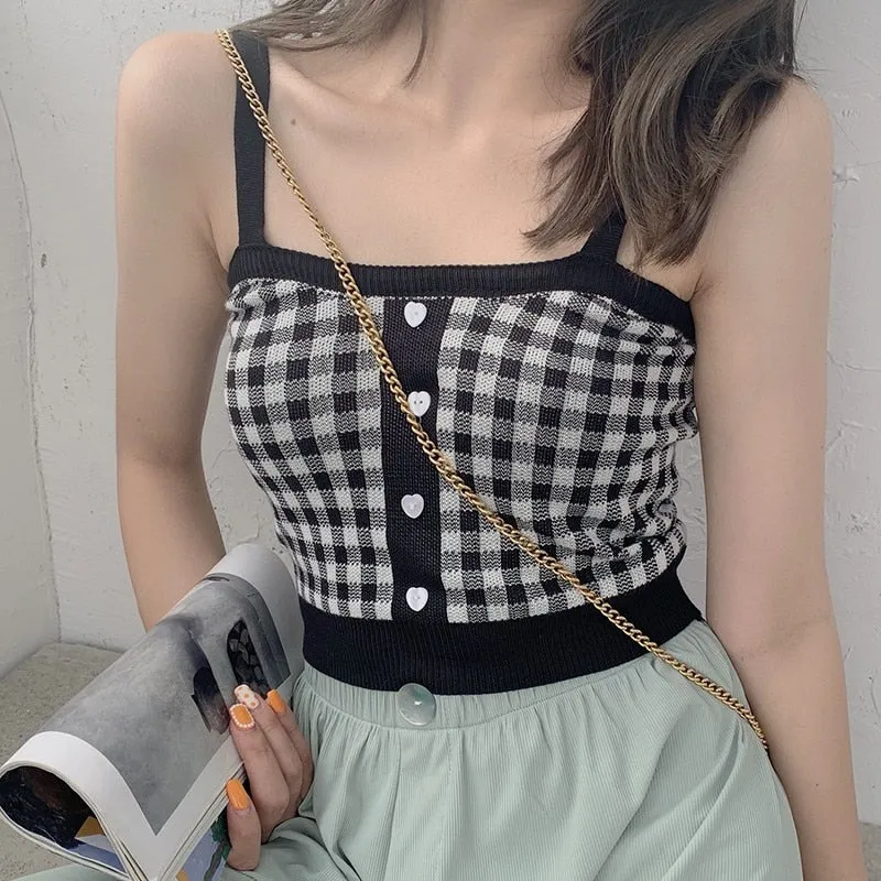 [US Warehouse] Plaid Cropped Top Women's Vest Knitted Sleeveless Camisole Bandeau Bra Sexy Women's Summer Vest
