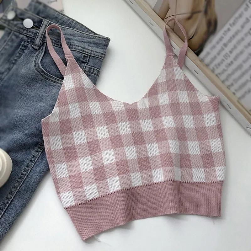 [US Warehouse] Plaid Cropped Top Women's Vest Knitted Sleeveless Camisole Bandeau Bra Sexy Women's Summer Vest