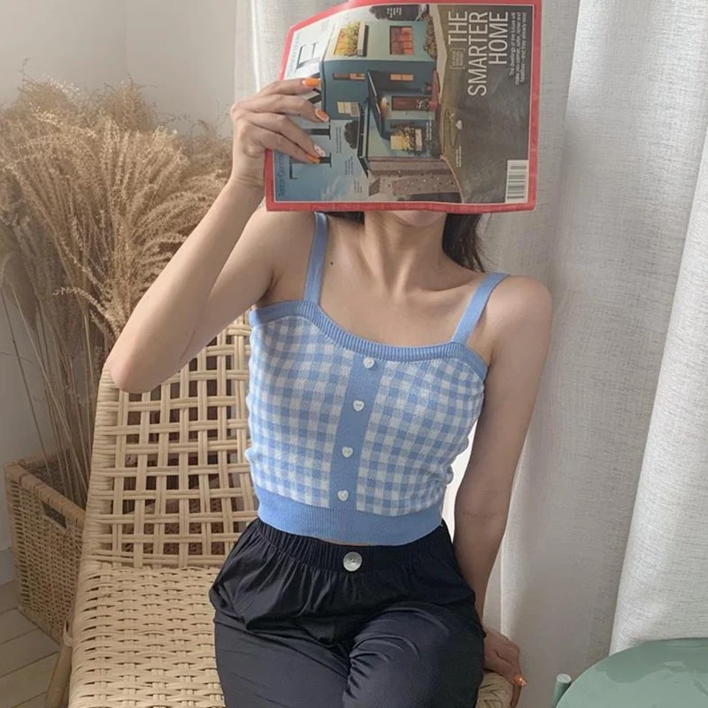 [US Warehouse] Plaid Cropped Top Women's Vest Knitted Sleeveless Camisole Bandeau Bra Sexy Women's Summer Vest