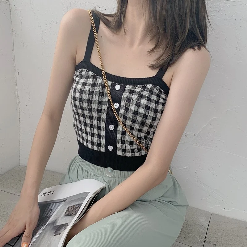 [US Warehouse] Plaid Cropped Top Women's Vest Knitted Sleeveless Camisole Bandeau Bra Sexy Women's Summer Vest