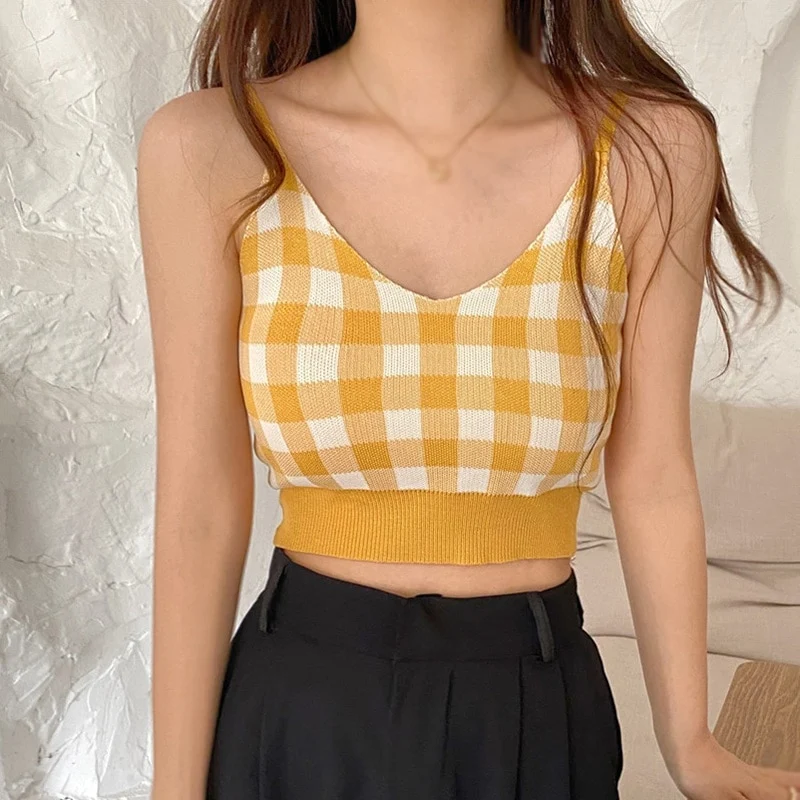 [US Warehouse] Plaid Cropped Top Women's Vest Knitted Sleeveless Camisole Bandeau Bra Sexy Women's Summer Vest