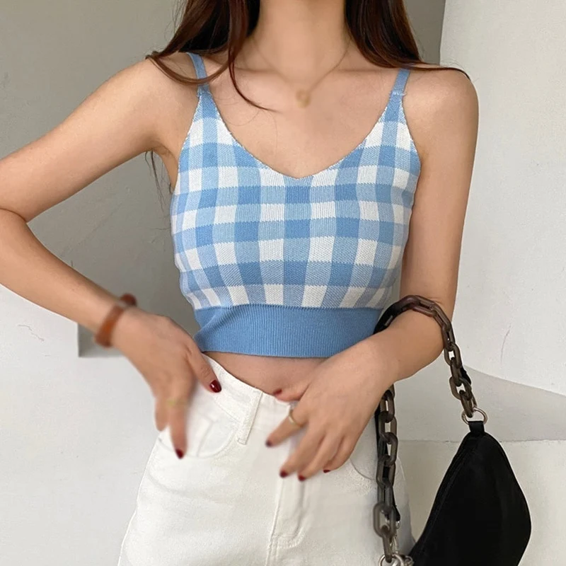 [US Warehouse] Plaid Cropped Top Women's Vest Knitted Sleeveless Camisole Bandeau Bra Sexy Women's Summer Vest