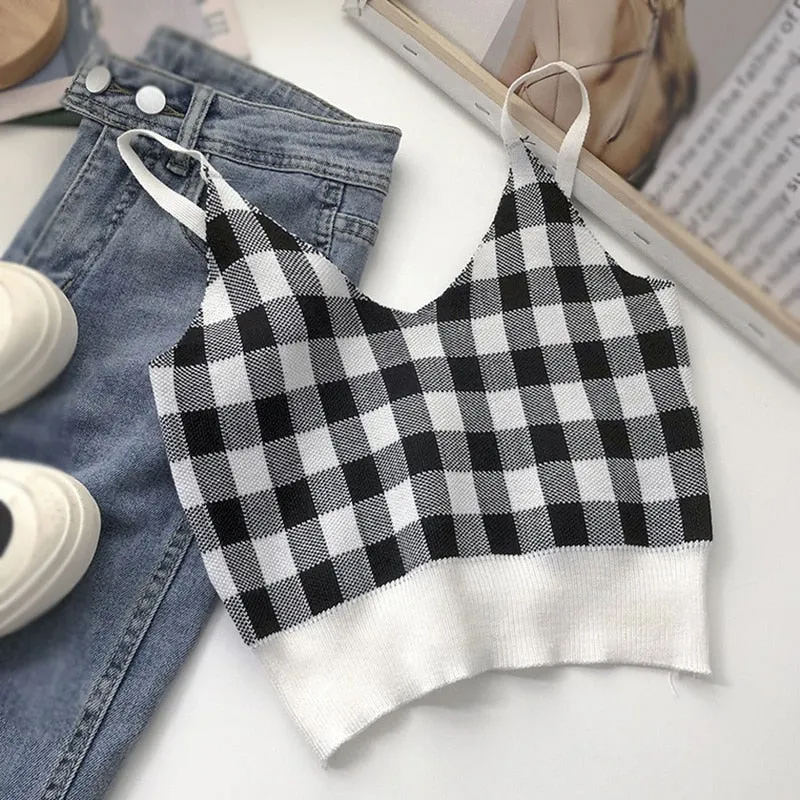 [US Warehouse] Plaid Cropped Top Women's Vest Knitted Sleeveless Camisole Bandeau Bra Sexy Women's Summer Vest