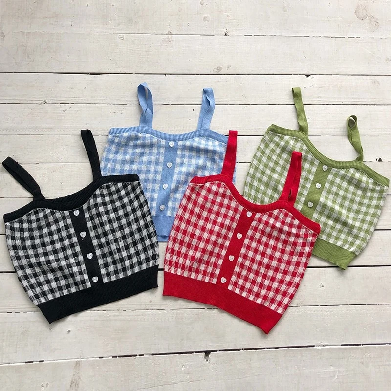 [US Warehouse] Plaid Cropped Top Women's Vest Knitted Sleeveless Camisole Bandeau Bra Sexy Women's Summer Vest