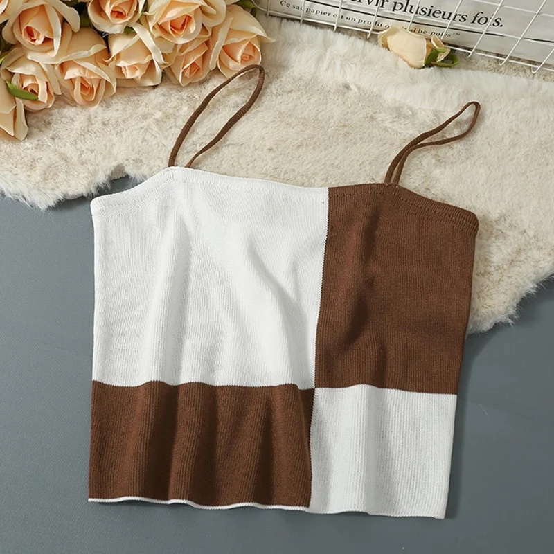 [US Warehouse] Plaid Cropped Top Women's Vest Knitted Sleeveless Camisole Bandeau Bra Sexy Women's Summer Vest