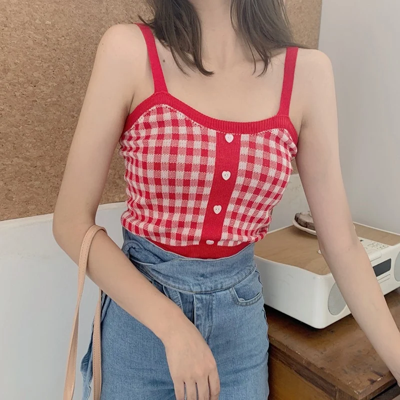 [US Warehouse] Plaid Cropped Top Women's Vest Knitted Sleeveless Camisole Bandeau Bra Sexy Women's Summer Vest