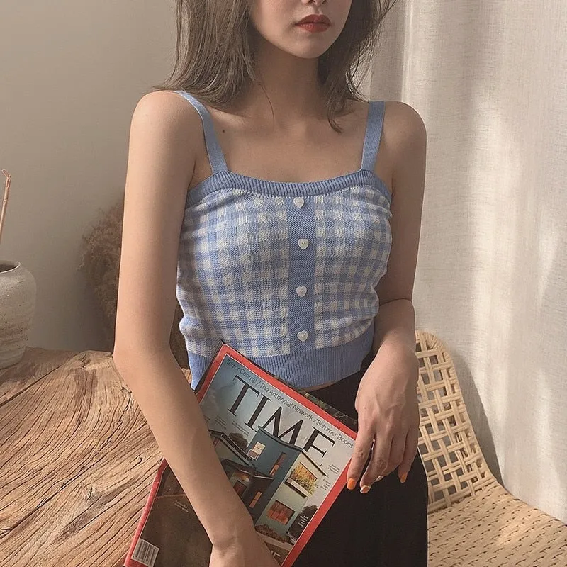 [US Warehouse] Plaid Cropped Top Women's Vest Knitted Sleeveless Camisole Bandeau Bra Sexy Women's Summer Vest