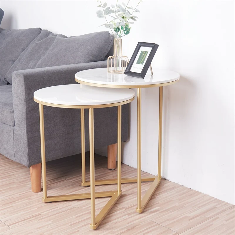 [US Warehouse] Modern round marble pattern metal base nesting set side table living room storage small coffee table 2-piece set