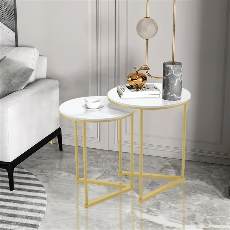 [US Warehouse] Modern round marble pattern metal base nesting set side table living room storage small coffee table 2-piece set