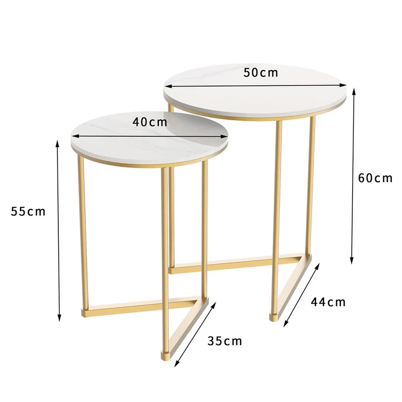 [US Warehouse] Modern round marble pattern metal base nesting set side table living room storage small coffee table 2-piece set