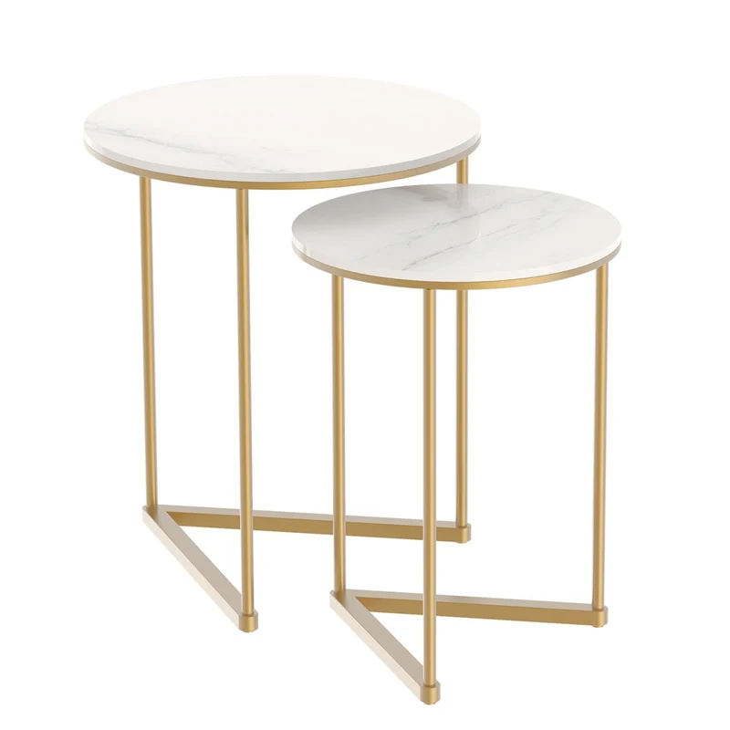 [US Warehouse] Modern round marble pattern metal base nesting set side table living room storage small coffee table 2-piece set