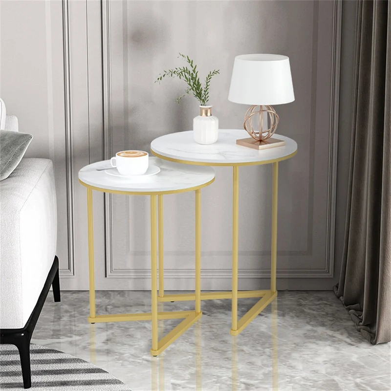 [US Warehouse] Modern round marble pattern metal base nesting set side table living room storage small coffee table 2-piece set