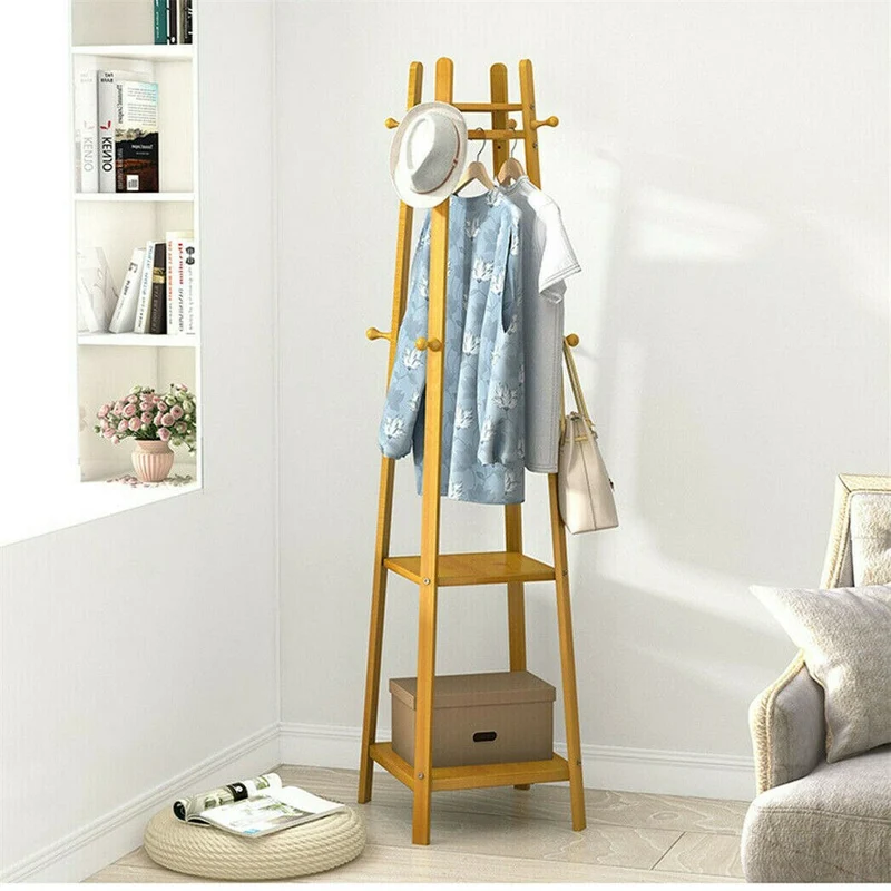 [US Warehouse] Bamboo coat rack, independent 2-layer clothing storage clothing storage rack with 8 hooks, clothes drying rod, 55 kg load-bearing
