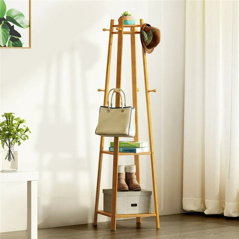 [US Warehouse] Bamboo coat rack, independent 2-layer clothing storage clothing storage rack with 8 hooks, clothes drying rod, 55 kg load-bearing
