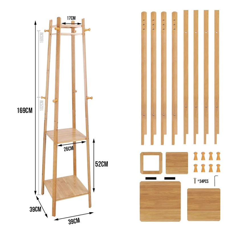 [US Warehouse] Bamboo coat rack, independent 2-layer clothing storage clothing storage rack with 8 hooks, clothes drying rod, 55 kg load-bearing