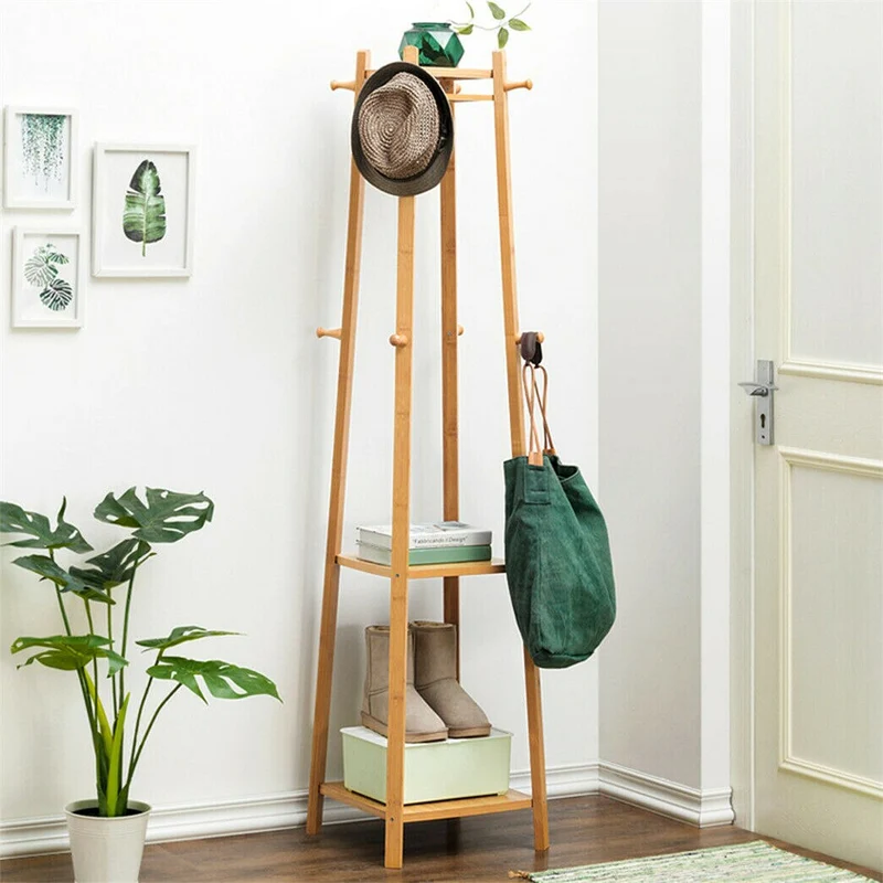 [US Warehouse] Bamboo coat rack, independent 2-layer clothing storage clothing storage rack with 8 hooks, clothes drying rod, 55 kg load-bearing