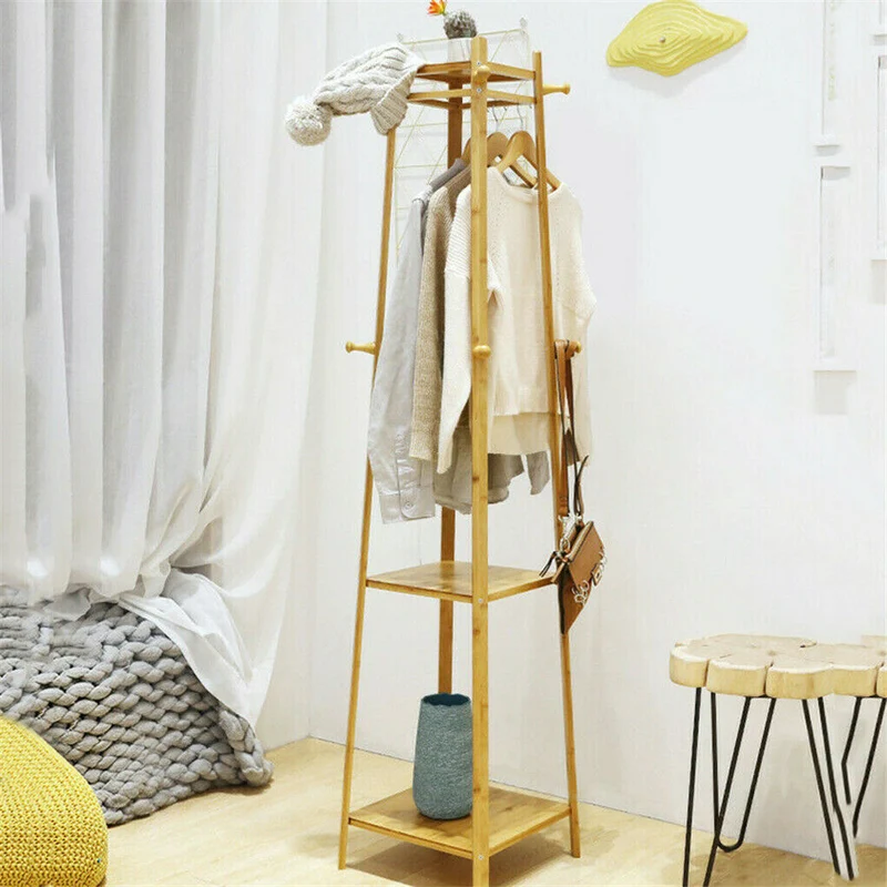 [US Warehouse] Bamboo coat rack, independent 2-layer clothing storage clothing storage rack with 8 hooks, clothes drying rod, 55 kg load-bearing