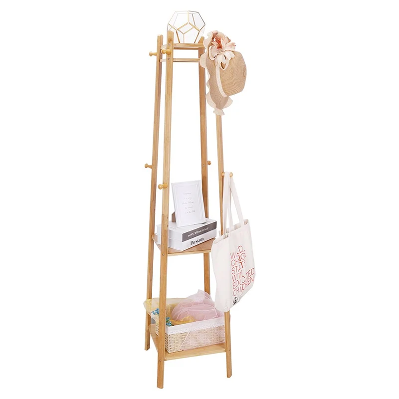 [US Warehouse] Bamboo coat rack, independent 2-layer clothing storage clothing storage rack with 8 hooks, clothes drying rod, 55 kg load-bearing