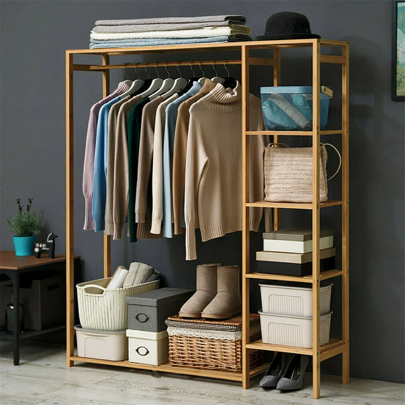 [US Warehouse] Bamboo clothing hangers with shelves, clothes hangers, children's and adults' shoes and coats storage and organization