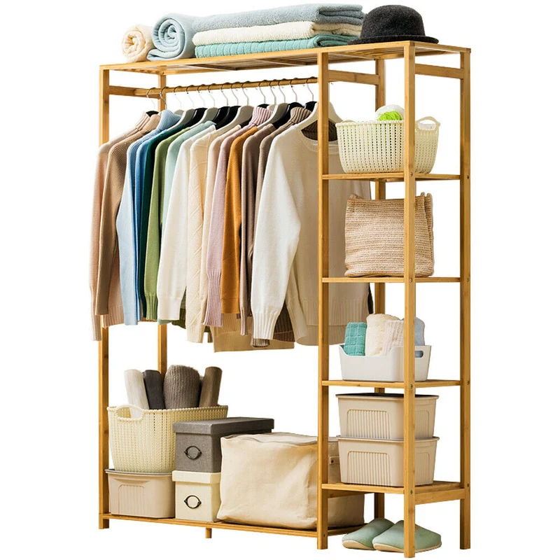 [US Warehouse] Bamboo clothing hangers with shelves, clothes hangers, children's and adults' shoes and coats storage and organization