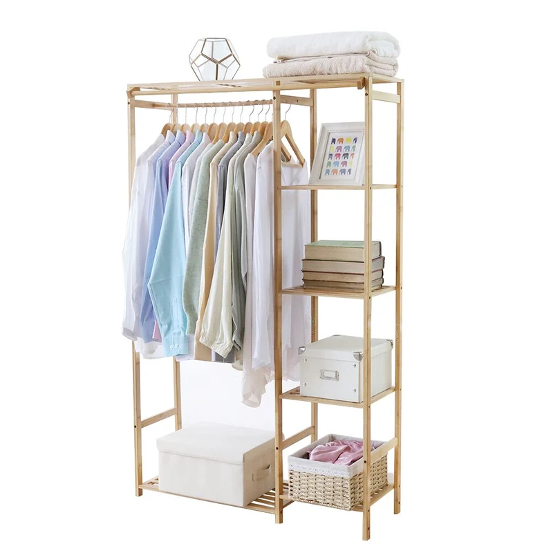 [US Warehouse] Bamboo clothing hangers with shelves, clothes hangers, children's and adults' shoes and coats storage and organization