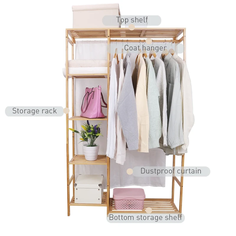 [US Warehouse] Bamboo clothing hangers with shelves, clothes hangers, children's and adults' shoes and coats storage and organization