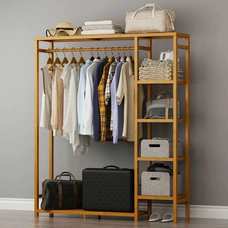 [US Warehouse] Bamboo clothing hangers with shelves, clothes hangers, children's and adults' shoes and coats storage and organization