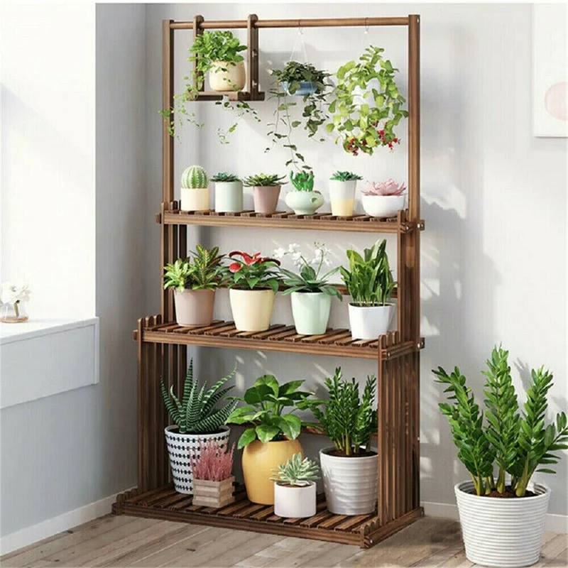 [US Warehouse] 3-layer hanging wooden plant rack flower pot rack flower pot storage rack multiple display racks indoor and outdoor
