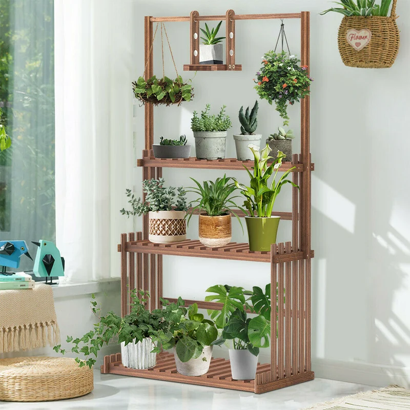 [US Warehouse] 3-layer hanging wooden plant rack flower pot rack flower pot storage rack multiple display racks indoor and outdoor