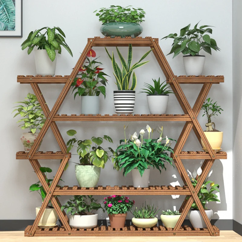 [US Warehouse] Large triangular wooden plant rack indoor 8-layer flower pot rack shelf corner display rack