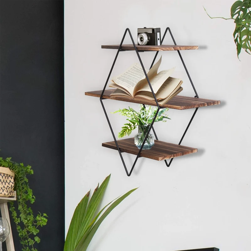 [US Warehouse] 3-layer industrial geometric wood floating frame heavy-duty suspended wall-mounted terrace