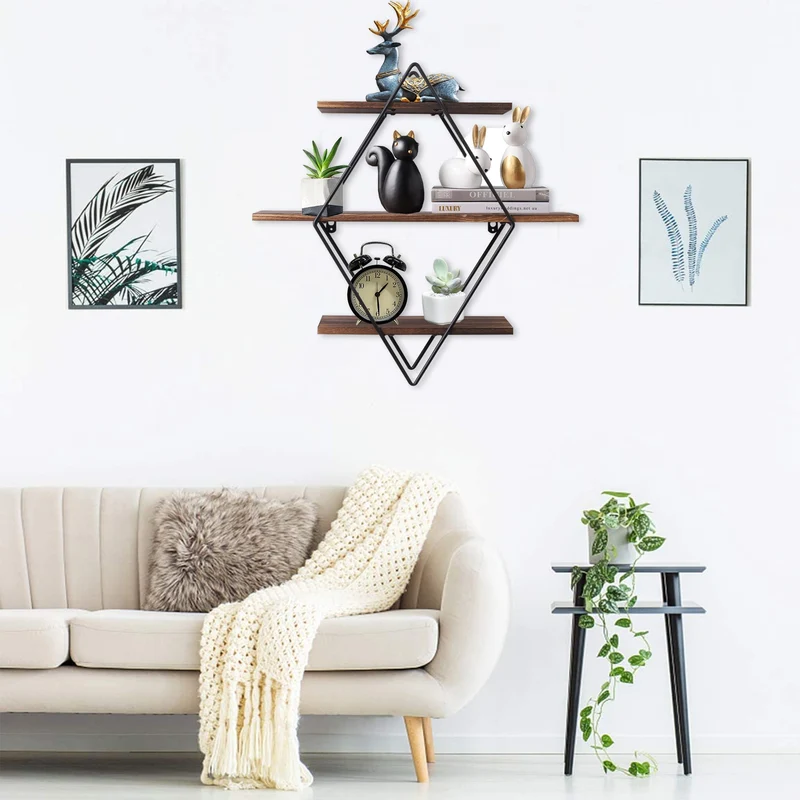 [US Warehouse] 3-layer industrial geometric wood floating frame heavy-duty suspended wall-mounted terrace