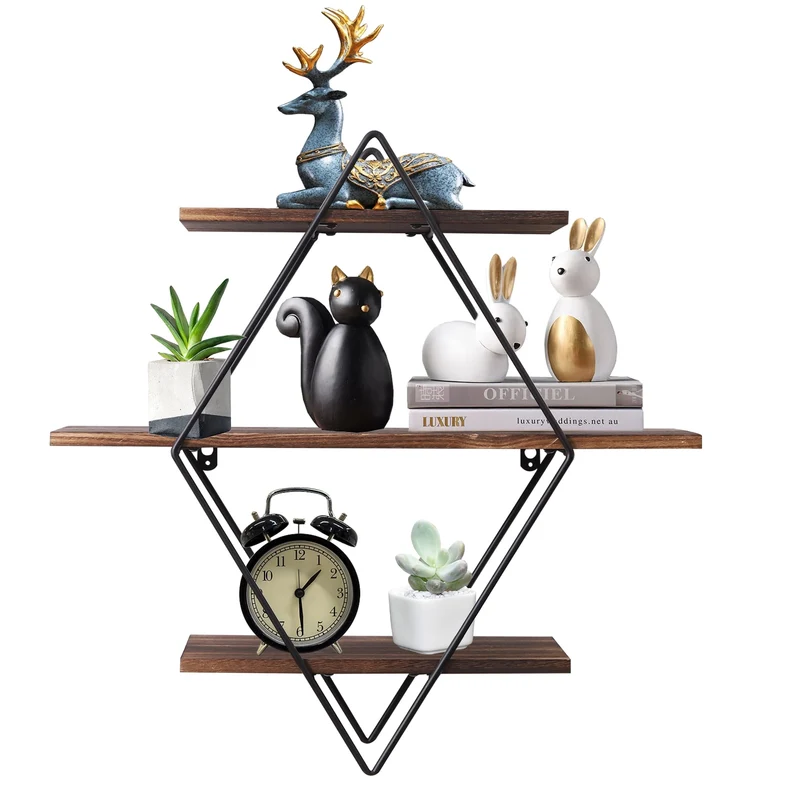 [US Warehouse] 3-layer industrial geometric wood floating frame heavy-duty suspended wall-mounted terrace