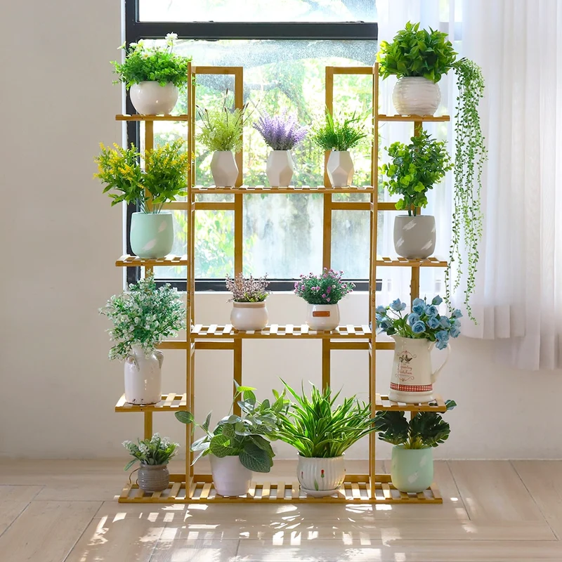 [US Warehouse] 9-layer bamboo 17-potted plant stand multiple flower pot racks indoor and outdoor flower pot display rack terrace