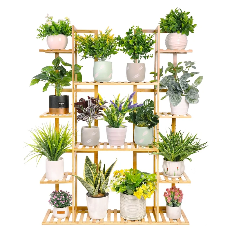[US Warehouse] 9-layer bamboo 17-potted plant stand multiple flower pot racks indoor and outdoor flower pot display rack terrace