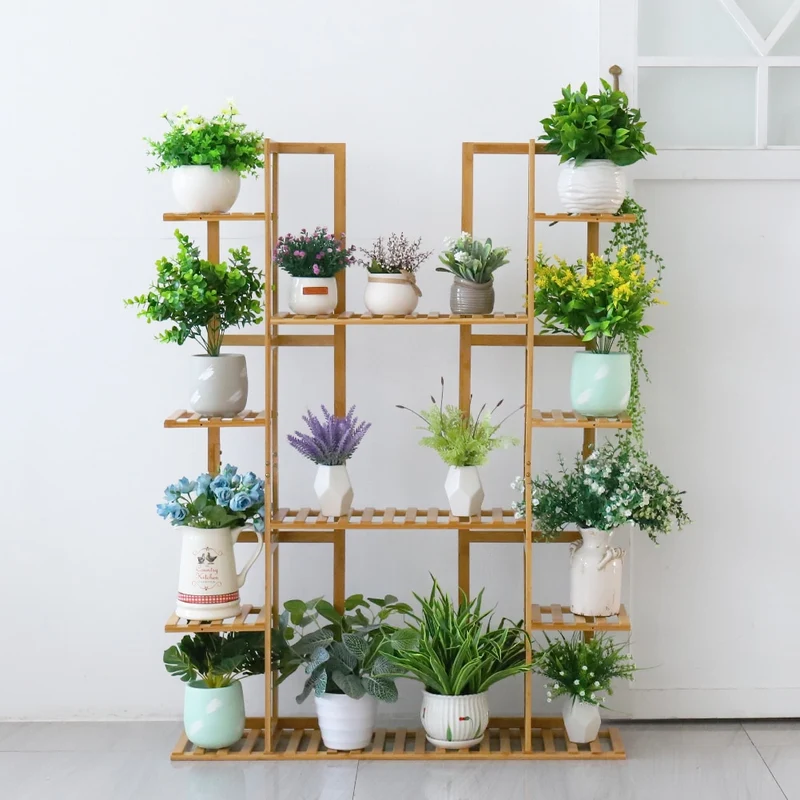 [US Warehouse] 9-layer bamboo 17-potted plant stand multiple flower pot racks indoor and outdoor flower pot display rack terrace
